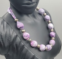 Vintage Purple Silk Wrapped Bead Necklace White Swirl Silver Tone Spacers 22″