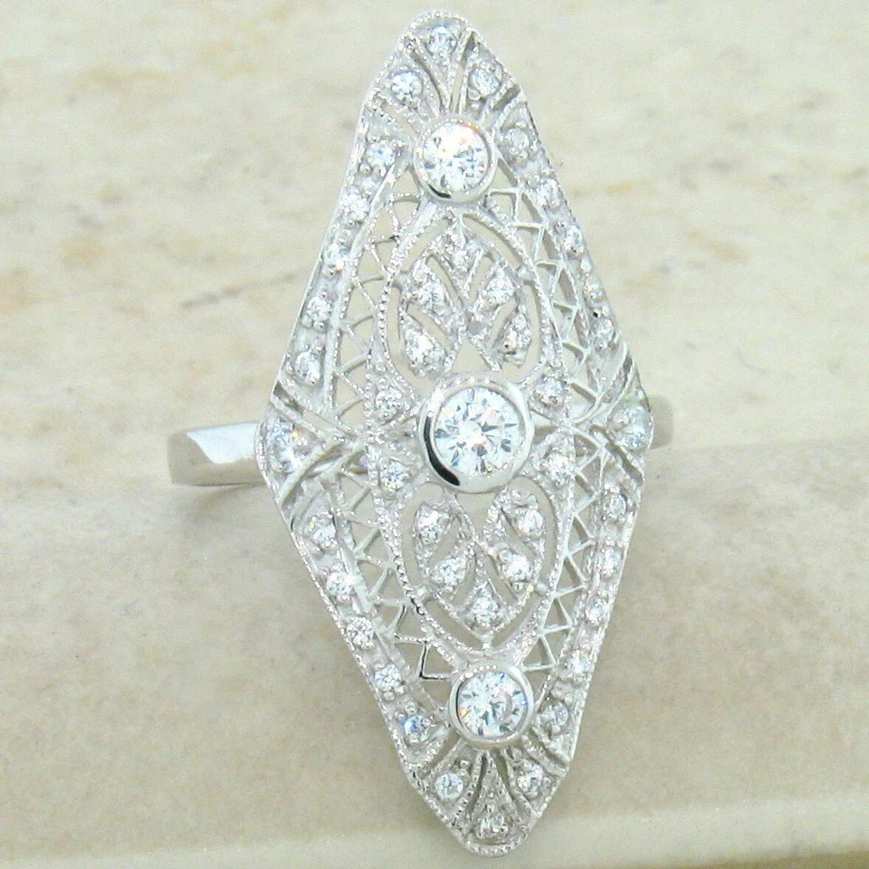 Art Navette Style 2 Ct Lab Created Diamond Vintage Engagement 14K Gold Over Ring