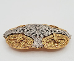VTG Art Deco Style Brooch 2.5in Two Tone Filigree Domed Openwork Heavy 3D Estate