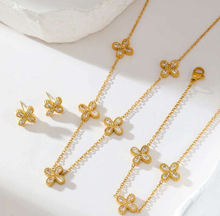 Gold-Tone Flower Zirconia Jewelry Set Waterproof Stainless Steel Vintage