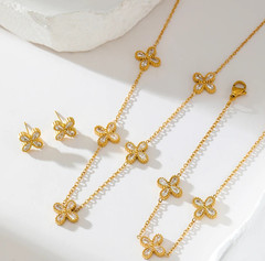 Gold-Tone Flower Zirconia Jewelry Set Waterproof Stainless Steel Vintage