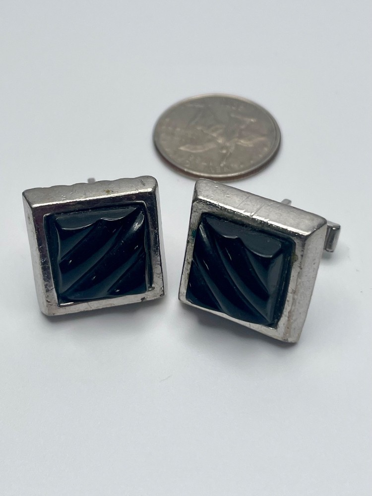 Vintage Carved Black Glass Faux Onyx Chunky Silver-Tone Kent Cufflinks