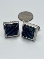 Vintage Carved Black Glass Faux Onyx Chunky Silver-Tone Kent Cufflinks