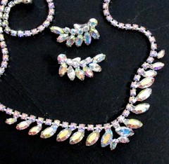 VTG EXQUISITE B DAVID AB RHINESTONE NECKLACE CLIP EARRINGS Prong Set 60s EXC