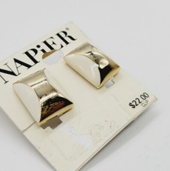 Napier Clip on Screw Back Earrings Gold Tone Off White Enamel Vintage .75 in