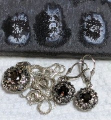 Vtg FNA Sterling Silver Round Smoky Quartz Pendant 18″ Box Necklace Earrings Set