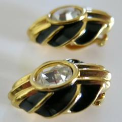 Swarovski Earrings Pierced Clear Crystal Black Enamel in Gold Tone Metal [4701]