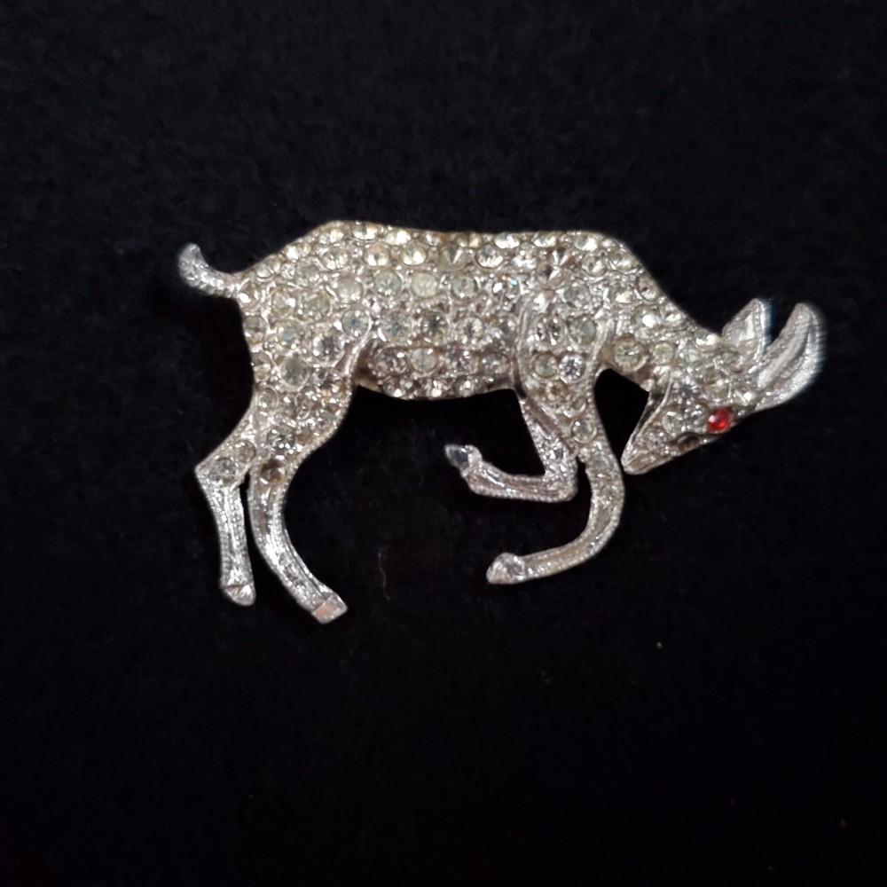 Vintage Pot Metal Rhinestone Brooch Silver Tone Ram Goat Figural 2″ READ