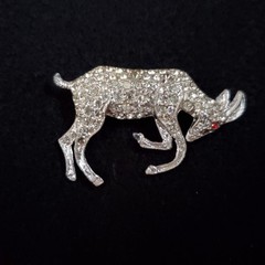 Vintage Pot Metal Rhinestone Brooch Silver Tone Ram Goat Figural 2″ READ