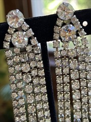 Vintage Huge Prong Set Rhinestones Chandelier Dangle Drop Clip On Earrings