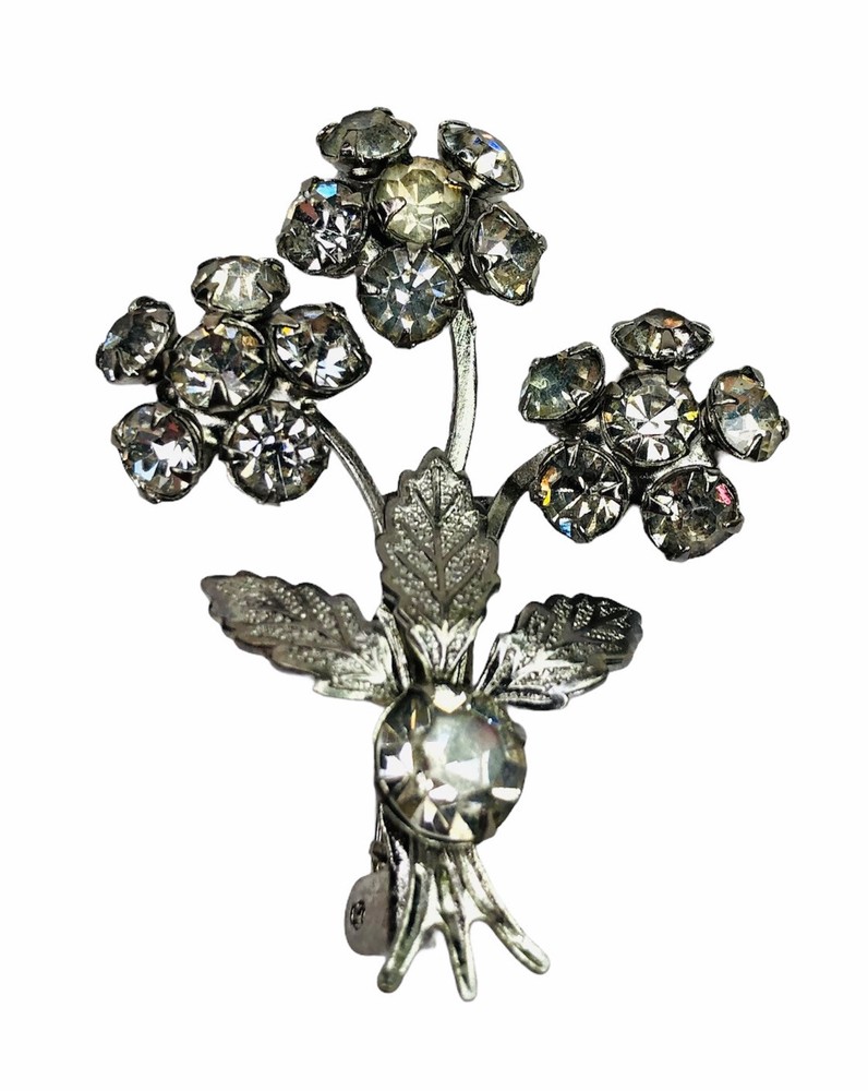 Vintage Rhinestone Daisy Silver Tone Brooch Pin Prong Set Stones