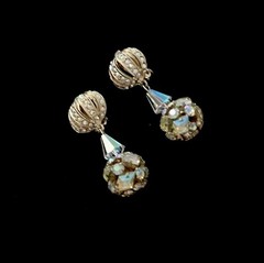 Vintage Aurora Borealis Crown Cage Ball Drop Gold Chandelier Clip On Earrings