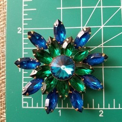 Vintage Blue Rivoli and Dark Green Marquise Brooch and Earrings Goldtone Set