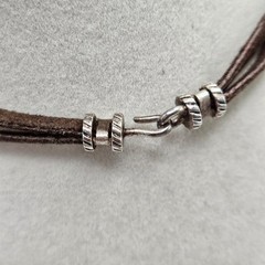 VINTAGE Genuine Stone Wood Three Strand Leather Boho Beaded Necklace