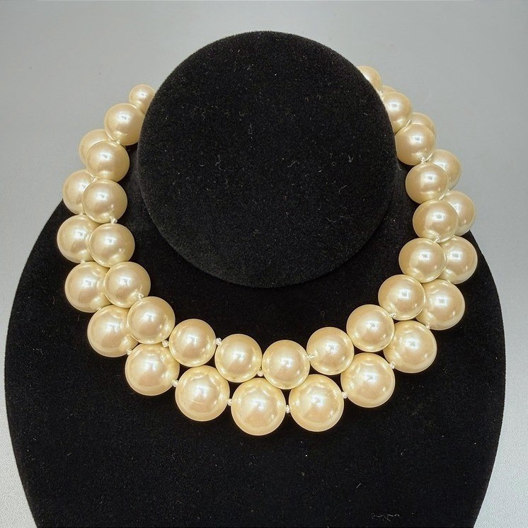 Vintage Carol Lee Chunky Big Faux Pearl Choker Necklace 13″ 2 Strand Adjustable