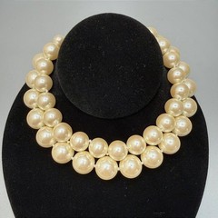 Vintage Carol Lee Chunky Big Faux Pearl Choker Necklace 13″ 2 Strand Adjustable