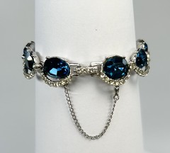 Vintage Blue Crystal and Clear Rhinestone Bracelet Silver Tone Fold-over Clasp