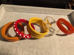 15 Vintage Carved Polkadot Colorful Lucite? Thermoset? Bracelets