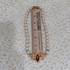 Vintage Swarovski Swan Faux Pearl Choker Necklace Red Crystal Gold Tone