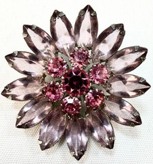 Vtg Purple Lavender Pink Rhinestone Flower Brooch Pin Marquise Cut Silver