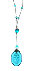 Art Deco Czech Pendant Necklace Floral Intaglio Carved Etched Blue Camphor Glass