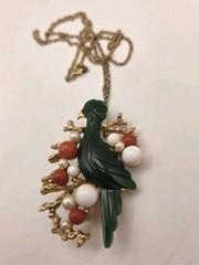 Vintage Signed Hobe Green Celluloid Bird W/Coral & Faux Pearl Brooch/Necklace