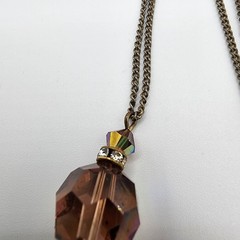Vtg Smoky Topaz Borealis Crystal Bead Rondelle Pendant Gold Tone Necklace 18″ in