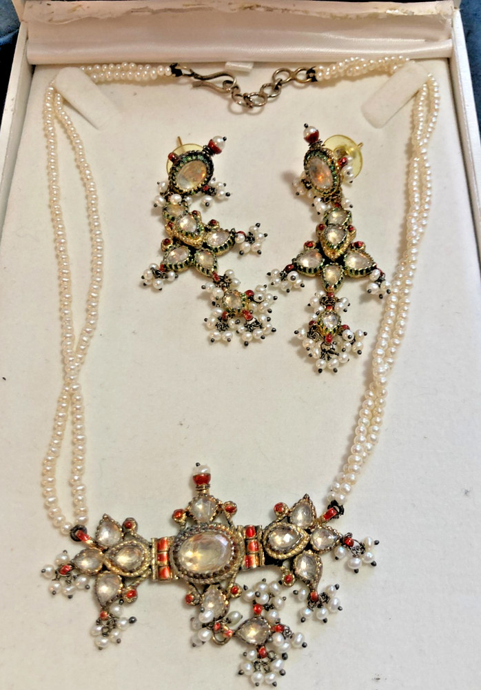Polki Diamonds & Seed Pearls Vermeil Vintage Necklace and Earrings Set BIN
