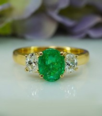 Hammerman Brothers Vintage Emerald Oval Diamond 3 Stone Ring 18K Gold