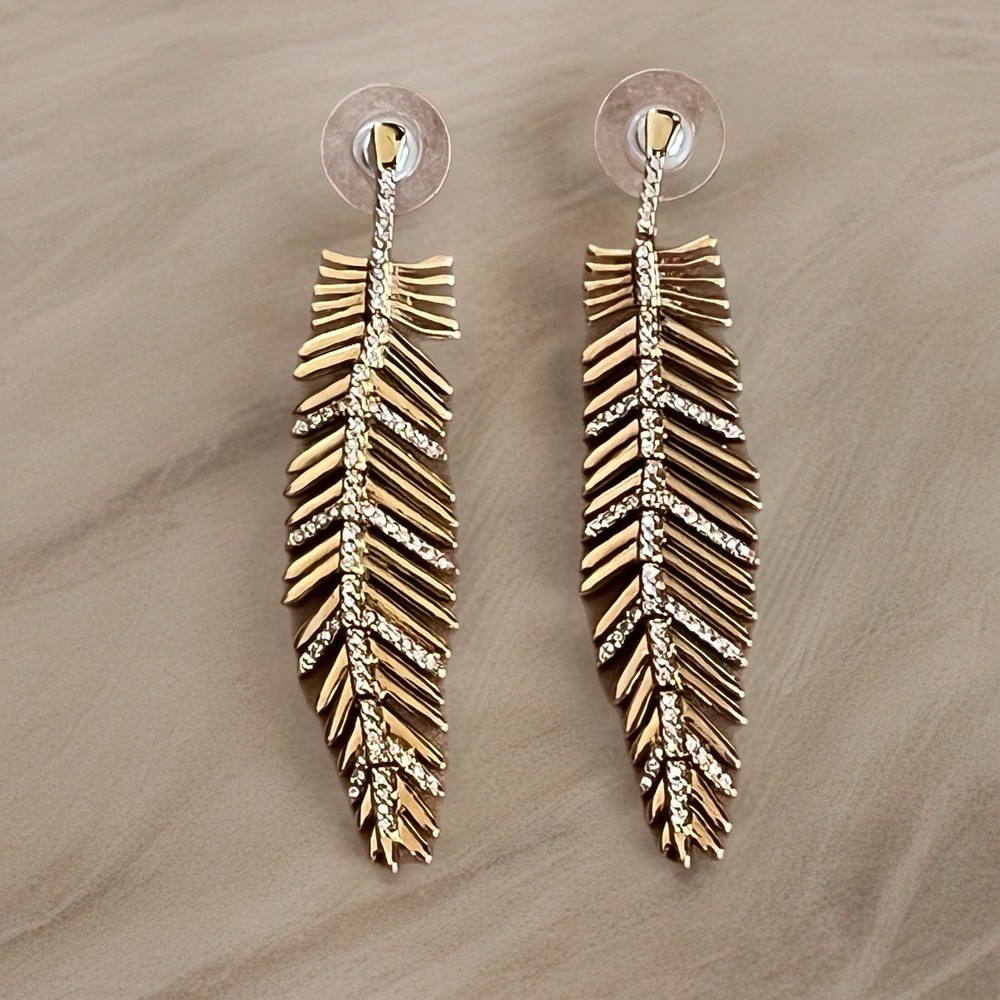 Vtg Gold Tone Feather Dangle Earrings – Rhinestone Accents – Long 2.75” Pierced