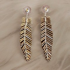 Vtg Gold Tone Feather Dangle Earrings – Rhinestone Accents – Long 2.75” Pierced
