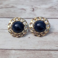 Vintage Stud Earrings For Pierced Ears Dark Blue with Chain Like Halo 1.25″