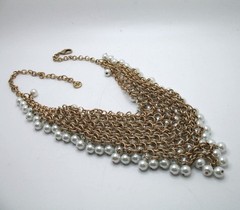 Vintage RJ Graziano statement bib necklace Goldtone chainmail and faux pearls