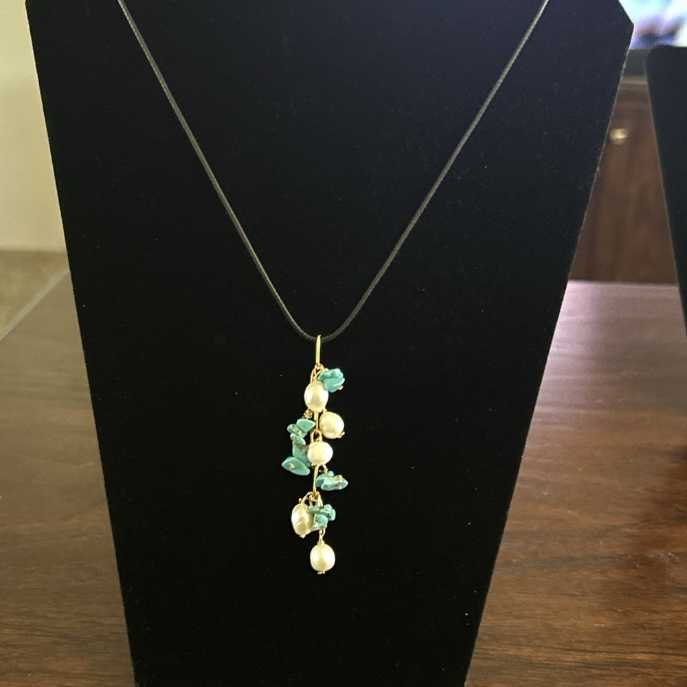 Natural Pearl and Turquoise cascade pendent with Leather Necklace