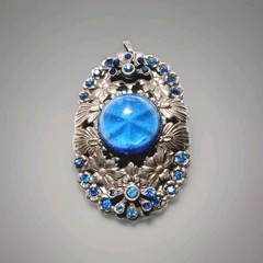 Art Deco Pendant Blue Focal W Rhinestone Accents Silver Tone Pot Metal Floral