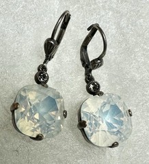 Vintage Glass Opal Rhinestone Silver tone Pierced Earrings, dangles 1.25″