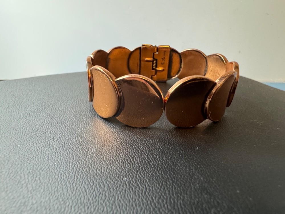 Vintage Mid Century Renoir Copper Disk Hinged Clamp Cuff Bracelet Signed