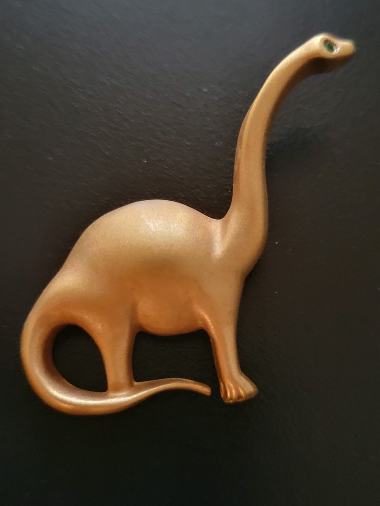 HTF Vintage Gold Tone Green Eyed Dinosaur Brooch Krementz