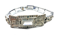 Antique 1920s 1930s Art Deco Tru White Plate Link Rhinestone Bracelet – 6.75″