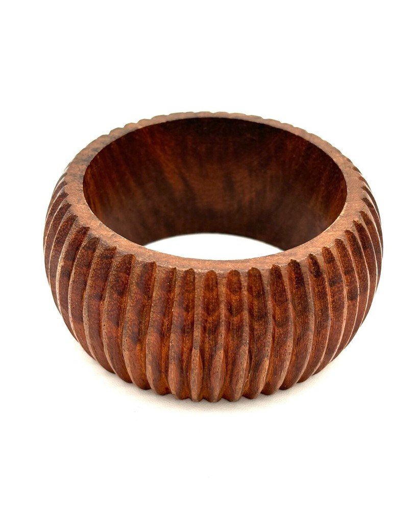 Wooden Bangle Bracelet Carved Ribbed Boho Vtg 1970s MCM Approx 1.5 Inches Wide