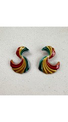 Vintage Rainbow Earrings 1990s Swirl Thin Enamel Colorful Pierced Earrings