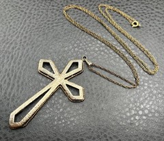 HUGE Vermeil Sterling Silver Cross Pendant And Gold Filled Chain Necklace 28”