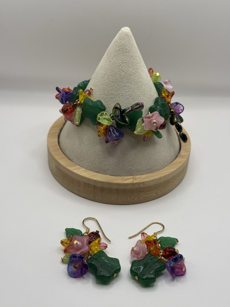 Vintage Multicolor Floral Glass Bead Toggle Bracelet 6” and Earring Set