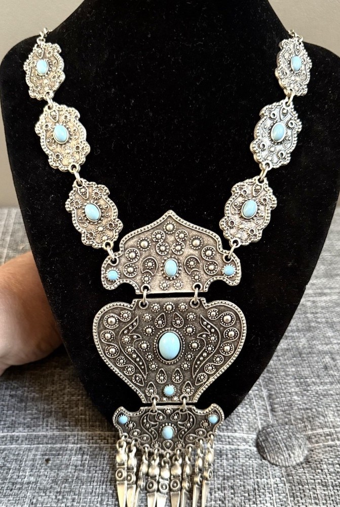 Vintage Bohemian Gothic Art Silver Alloy Pressed Metal Faux Blue Turquoise