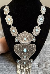 Vintage Bohemian Gothic Art Silver Alloy Pressed Metal Faux Blue Turquoise