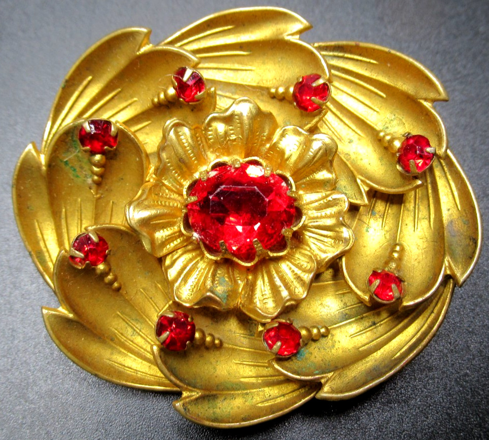 French Red Rhinestone Flower Antique Pin Brooch W/ Trombone Clasp