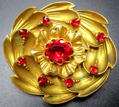French Red Rhinestone Flower Antique Pin Brooch W/ Trombone Clasp