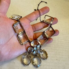 J Crew Bib Statement Necklace Clear Glass Prong Rhinestones Square Oval Round