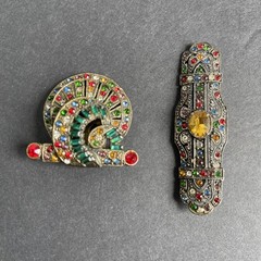 Vintage 1930s Art Deco Czech Rainbow Rhinestone Bar Brooch & Dress Clip Lot