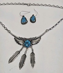 Vintage Sterling Silver Turquoise Feather Choker Necklace & Earrings Signed KB